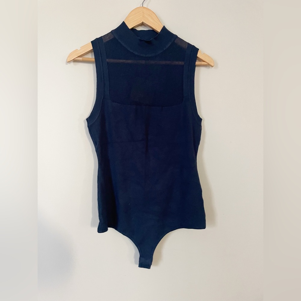 Le Lis Sleeveless mock turtleneck bodysuit blue sweater